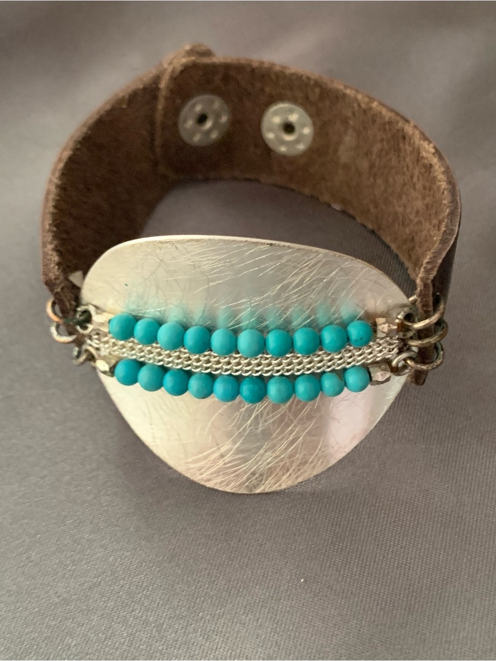 Turquoise Beaded Silver Accent Leather Cuff Bracelet